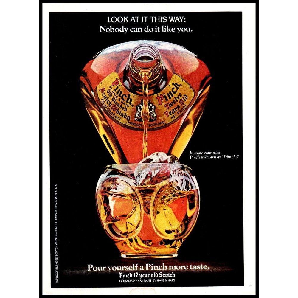 1982 Pinch 12 Year Old Scotch Vintage Print Ad Bottle Pouring Wall Art Photo